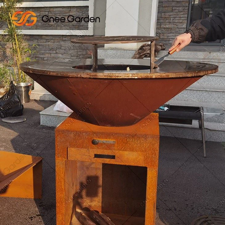 Custom China Manufacture Oem Outdoor Round Corten Steel Bbq Brazier Fire Pit With Wood Storage