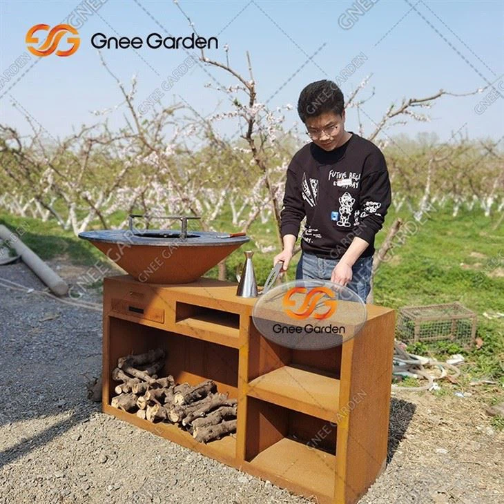 Wood Burning Cooking Stove Bbq Charcoal Grill And Pan Corten Steel Fire Pit With Log Storage